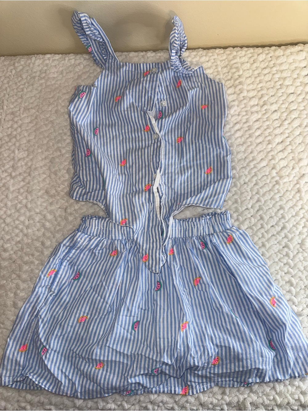 Blue Striped Embroidered Girls' skirt with button down top